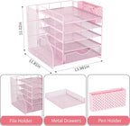 Desk Organizer with Drawer and Pen Holder, 5-Tier Paper Letter Tray Organizer with File Holder, Suitable for Workspace Organizer Office Supplies Storage (Pink)