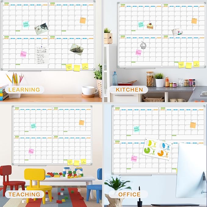 JILoffice Magnetic Dry Erase Calendar Whiteboard, 4 Month White Board Planner 48 X 36 Inch, Silver Aluminum Frame Wall Mounted Board for Office Home and School