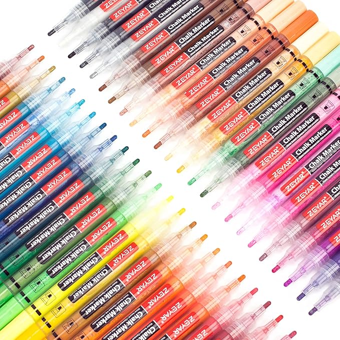 ZEYAR Liquid Chalk Marker, Wet Erase Marker, Water-Based Opaque Ink, Fine Tip for Detailed Drawing, Writes on Nonporous Chalkboards, Bistro Boards, Windows, Plastic and more (48 Full Colors)
