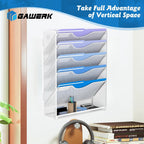 6 Tier Hanging File Organizer, Mesh Wall File Holder Paper Folder Rack with Bottom Flat Tray for Office Home, White