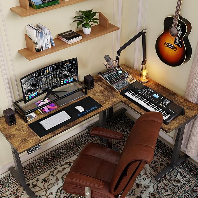 Simple Trending Dual Monitor Stand Riser, Tempered Glass Computer Desk Organizer with Mouse Pad for Laptop, iMac, TV, Black