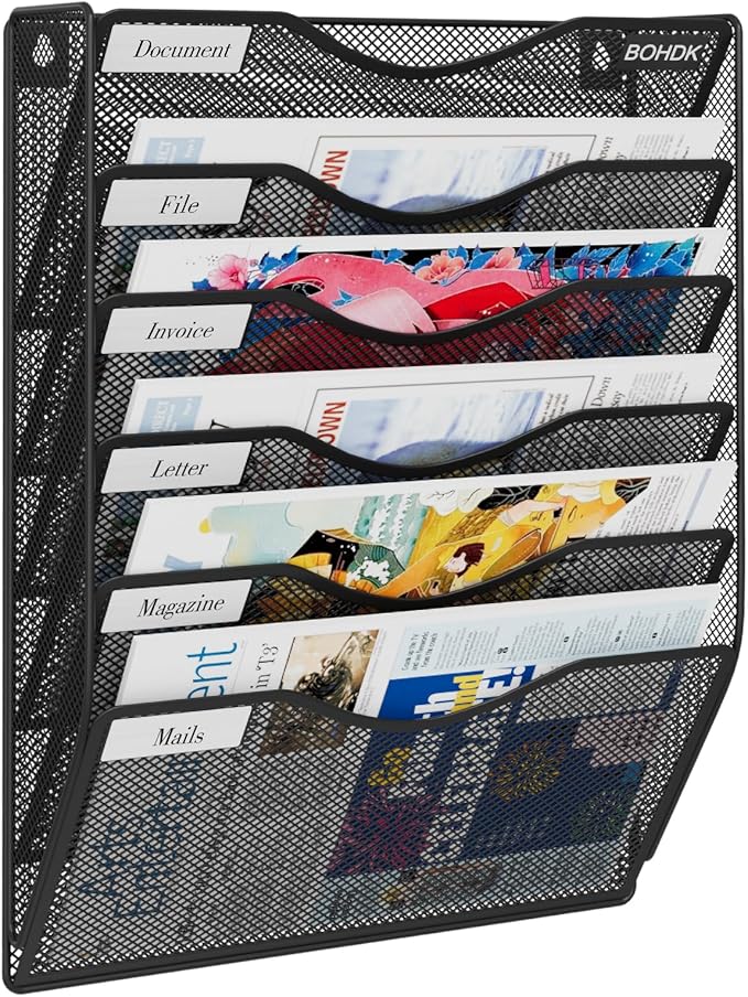 Wall File Organizer, 6 Tier Hanging File Folder Mail Organizer, Vertical Mesh Metal Wall Mount Hanging File Holder, Paper Document Magazine Rack for Home Office Black