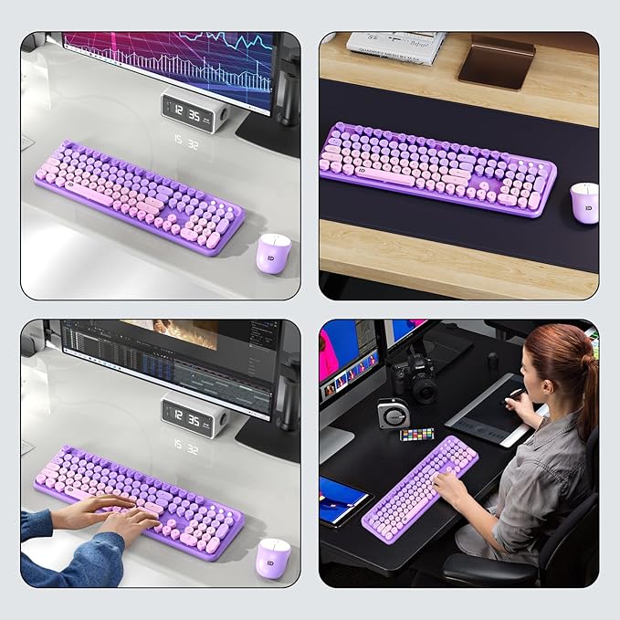 Wireless Keyboard and Mouse Combo, 2.4 GHz Wireless Full-Sized Typewriter Keyboard with Round Keycaps for Windows, Computer, Desktop, PC, Laptop (Purple)