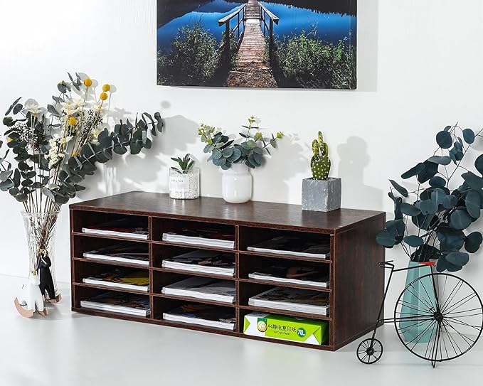 PAG Mail Sorter, Wood Countertop Literature Organizer, Student Mailbox for Classroom, Desktop Bill Paper Organizer for Office Home School, 12 Compartments, Brown