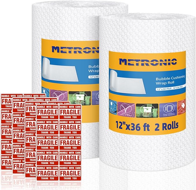 Metronic Bubble Cushioning Wrap 2 Pack 12 Inch x 72ft Total, Dense Bubble Packing Air Wrap Clear Bubble Packing Roll for Shipping and Moving Supplies, Perforated Every 12"