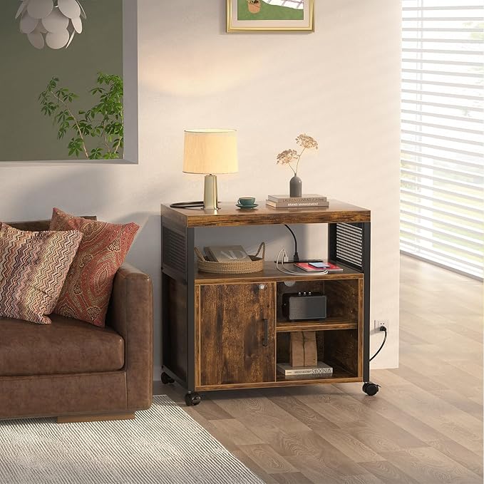 Unikito Lateral File Cabinet, Locking Office Filing Cabinets with Socket and USB Charging Port, Modern Rolling Printer Stand with Storage for A4, Letter Size and File Folders, Rustic Brown