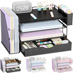 Wood Desk Organizers and Accessories with File Holder, 4-Tier Desk Accessories & Workspace Organizers with Drawer and Pen Holder, Paper Organizer for Office Supplies (Black)