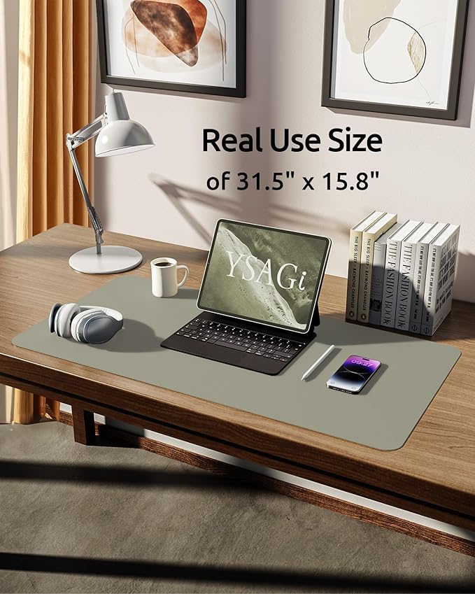 YSAGi Leather Desk Protector, Office Mat, Large Mouse Mat, Non-Slip PU Leather Blotter, Laptop Desk, Waterproof Writing Pad for Office and Home (Sage Green, 31.5" x 15.8")