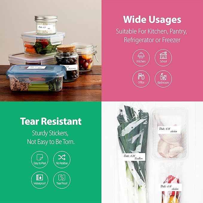 300 Removable Blank Food Labels, Water/Oil/Tear Resistant with Perforation Line for Freezer Food Containers Jars Pantry Organization (Each Measures 1” x 3”)