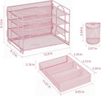 Marbrasse Desk Organizer and Accessories4-Tier Paper File Letter Tray Accessories & Workspace Desk Organizers with Drawer and 2 Pen Holders for School Home Office Supplies(Pink)