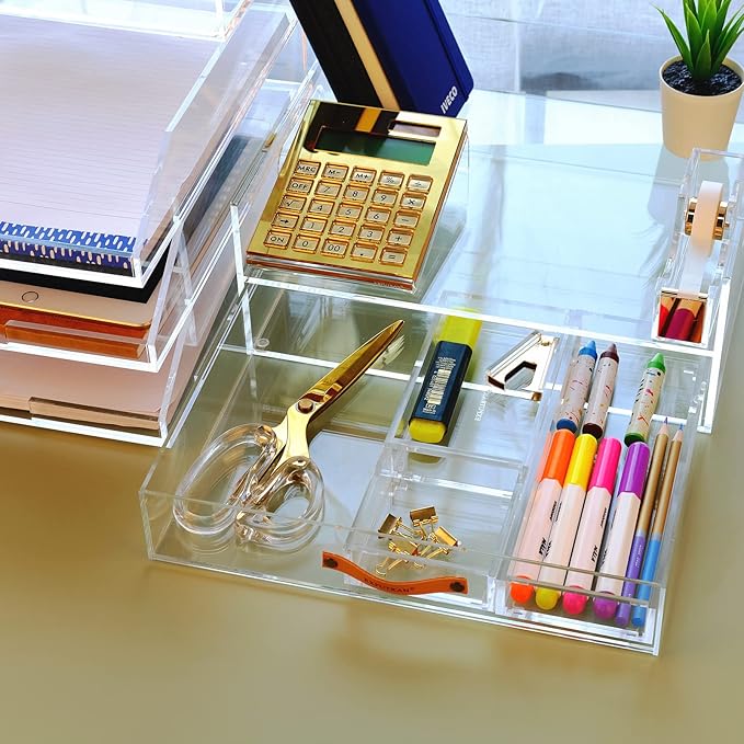 Acrylic Desk Organizer Drawer + Inbox with Letter Tray 12.6” x 10.6” x 5”, A4 Size, Clear