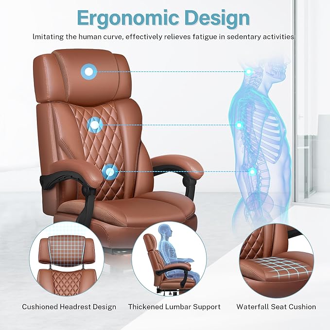 Executive Leather Office Chair, Big and Tall Office Chair with Footrest Home Office Desk Chairs, Ergonomic Computer Desk Chair with Lumbar Support, Reclining Office Chairs with Adjustable Angle