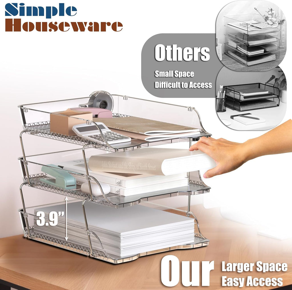 Simple Houseware 3-Tier Crystal Clear Stackable Document Letter Tray Paper Organizer – Desk Organizer for A4/Letter Size Documents, File Sorter, Paper Holder, Office Desktop File Storage, Acrylic Look