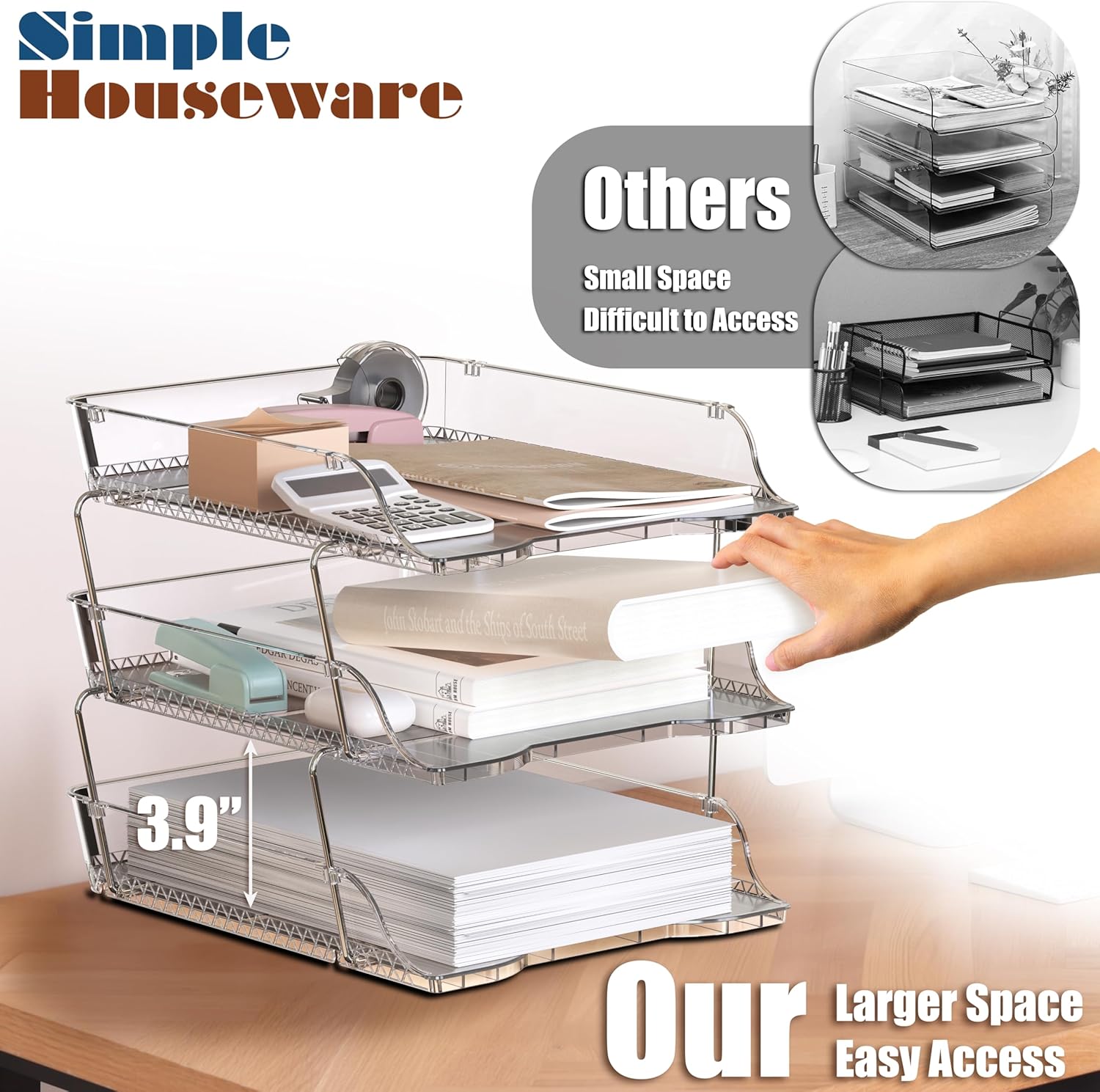 Simple Houseware 3-Tier Crystal Clear Stackable Document Letter Tray Paper Organizer – Desk Organizer for A4/Letter Size Documents, File Sorter, Paper Holder, Office Desktop File Storage, Acrylic Look