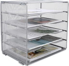 EasyPAG 5-Tier Mesh Desk File Organizer with Metal Frame, Screw-Free Assembly, Space Saving Letter Tray for Office/Home/School - A4 & Letter Size Paper Sorter, Silver