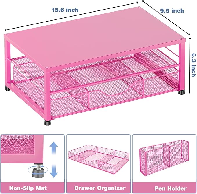 Desk Organizer and Accessories, 2-Tier Computer Monitor Stand with Drawer and 2 Pen Holders, Laptop Stand, Office Desk Accessories for Office Supplies, Carmine Rose