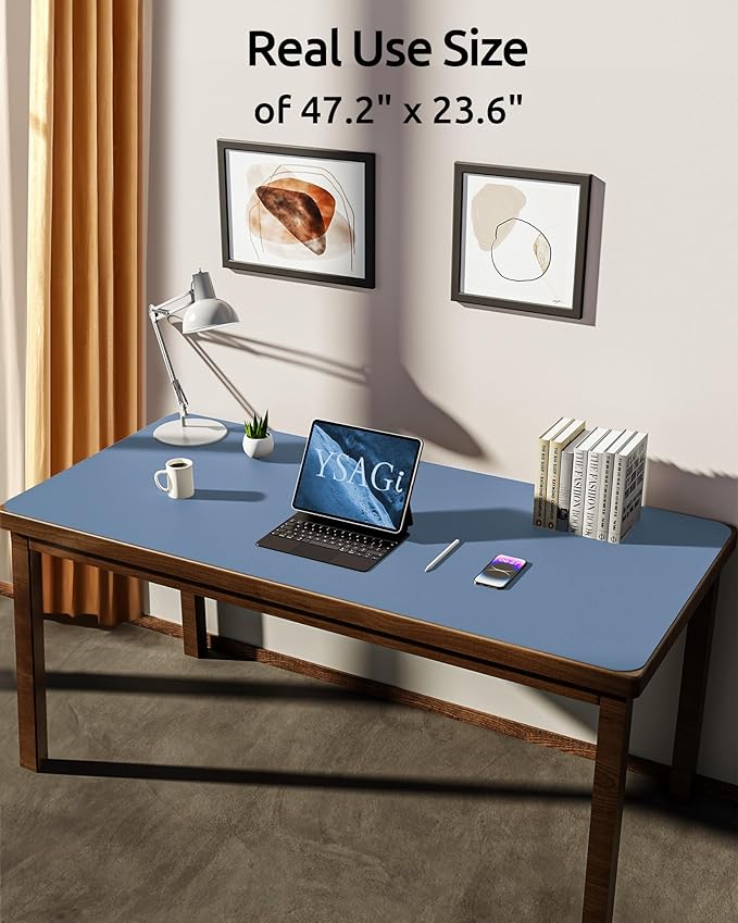 YSAGi Leather Desk Protector, Office Mat, Large Mouse Mat, Non-Slip PU Leather Blotter, Laptop Desk Pad, Waterproof Writing Pad for Office and Home (Blue, 47.2" x 23.6")