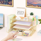 Desk Organizer and Accessories, 4-Tier Desktop File Organizer with Drawer and 2 Pen Holders, Office Desk Accessories for Office Supplies(Gold)