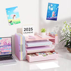 Wood Desk Organizers and Accessories with File Holder, 4-Tier Desk Accessories & Workspace Organizers with Drawer and Pen Holder, Paper Organizer for Office Supplies (Pink)