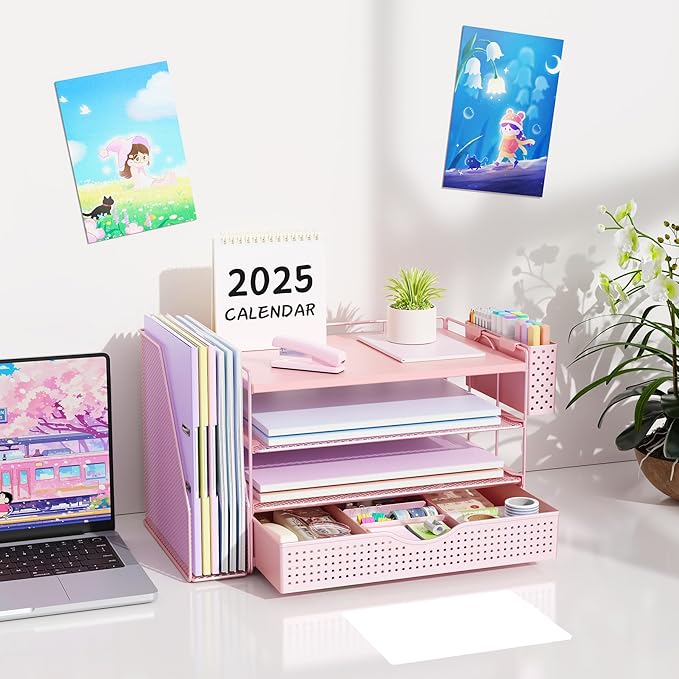 Wood Desk Organizers and Accessories with File Holder, 4-Tier Desk Accessories & Workspace Organizers with Drawer and Pen Holder, Paper Organizer for Office Supplies (Pink)