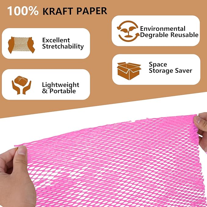 Honeycomb Packing Paper, 12" x 200' Packing Paper Substitute Alternative for Bubble Cushioning Wrap for Moving Shipping Packaging, Recyclable Moving Supplies Bubble Packing Wrap Roll-Pink