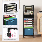 SWTYMIKI 10-Tier Rolling File Cart - Mesh Paper Organizer with Drawer and Hanging File Folders on Lockable Wheels, Wood Teacher Cart for Office Organization, Storage in Home, Studio, School (Black)