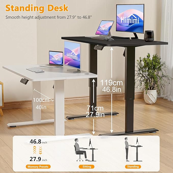 Himimi Electric Standing Desk 55 x 24 inch for Home Office,Sit-Stand Adjustable Desk with Memory Presets,Height Adjustable Desk for Gaming/Working,Free Hook, Lockable Wheels,Mouse Pad,Black