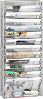 EasyPAG 14 Tier Wall File Holder with Flat Tray, Silver | Easy Assemble Mesh Desk File Organizer | 13-Folder Paper Storage | Replaceable Classify Labels | Space Saving Mail Organizer for Office Home