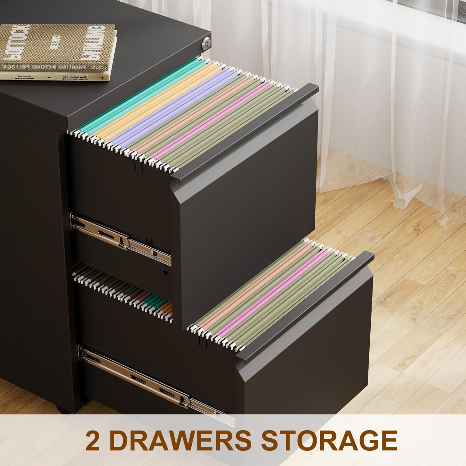 Metal Mobile File Cabinet with Lock and 4 Keys - Fully Assembled, Under Office Desk 2 Drawers Filing Cabinet for Home Office with Anti-tilt Wheels, A4/Legal/Letter Hanging File Drawers