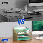 Samstar Gold Desk File Organizer, Mesh Letter File Folder Holder with 3 Paper Trays and 2 Vertical Upright Section, Gold