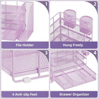 Marbrasse Desk Organizer and Accessories，4-Tier Paper Letter Tray Organizer with File Holder, Workspace Desk Organizers Accessories with Drawer and 2 Pen Holder (Purple, 15.4" x 9.1" x 8.3")