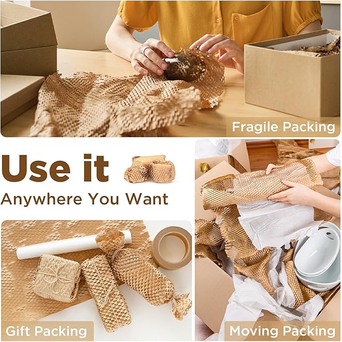 Honeycomb Packing Paper, 12"x50' Brown | Perforated Honeycomb Packing Paper Recyclable Moving Supplies for Shipping & Moving | Plastic-Free Alternative to Bubble Cushion Wrap with 36 Fragile Stickers