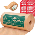 Honeycomb Packing Paper | Extra Thick 90 GSM Packing Wrap | Biodegradable Packing Materials: 12” x 400’ Moving Paper + 195’ Cellulose Adhesive Tape + 30 Fragile Stickers | Paper Bubble Wrap
