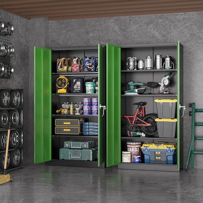 Greenvelly Metal Storage Cabinet,72" Steel Storage Cabinets with Doors and Adjustable Shelves, Metal Tool Cabinets, Locking File Cabinet for Home Office, Garage, School (Black Green36 Wx18 D)