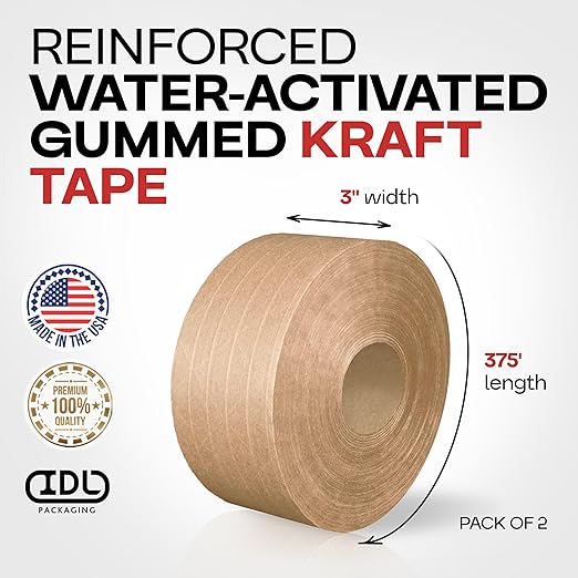 IDL Packaging 3" x 375 feet Reinforced Water-Activated Kraft Gummed Tape 70lb Thickness (Pack of 2) - Secure Paper Packing Tape for Secure Carton Sealing - Heavy-Duty for All Conditions, Brown