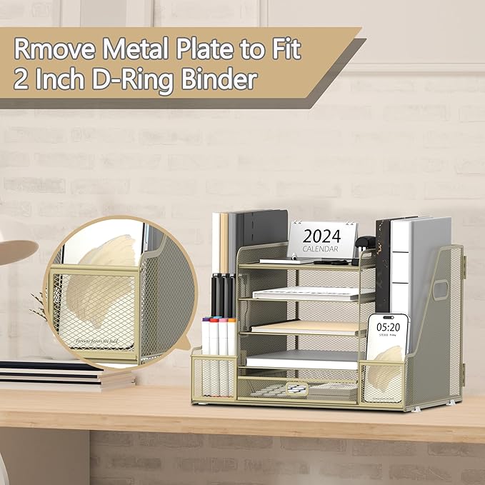 SUPEASY Mesh Desk Organizer with File Holder, 5-Tier Paper Letter Tray Organizer with Magazine Holder, Desktop Organizer and Storage with Drawer for Office Supplies Home or School, Yellow