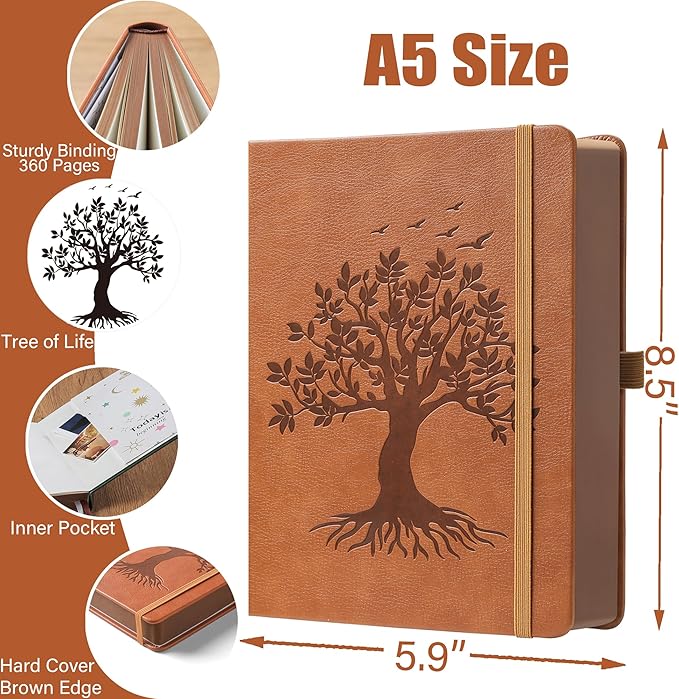ZXHQ A5 360 Pages Lined Journaling Notebooks with Pen, Journals for Women Men Writing Notebook, Tree of Life Design, Brown Edge Fine Inner Pocket - Light Brown