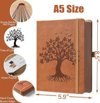 ZXHQ A5 360 Pages Lined Journaling Notebooks with Pen, Journals for Women Men Writing Notebook, Tree of Life Design, Brown Edge Fine Inner Pocket - Light Brown