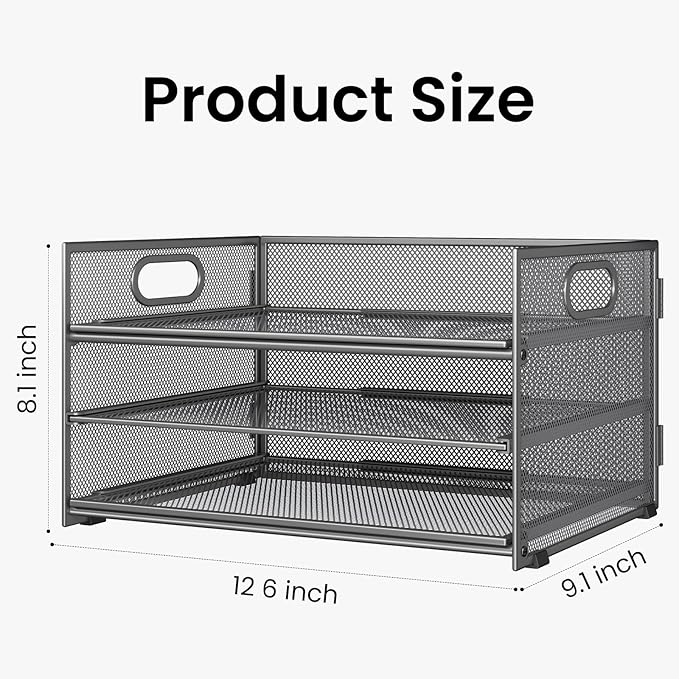 Subekyu 3 Tier Paper Letter Tray Organizer for Desk, Gray Metal Mesh Desk File Folder Sorter Organizer with Handle and Sliding Tray for Home, Office, School Supplies Organization Storage