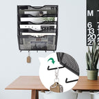 EASEPRES 5 Pocket Mesh Hanging File Organizer with Key Holder Hooks & Nametag Label, Wall Mounted Mail Paper Document Folder Storage Organization Magazine Rack for Office Cubicle, 5 Tier Black