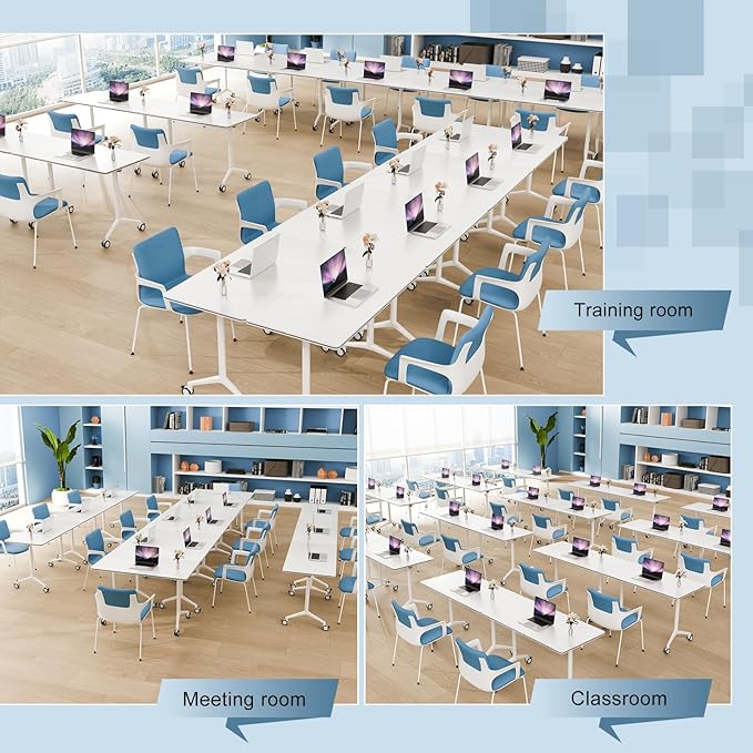 4Pack Folding Conference Room Table, Modern Conference Tables with Silent Wheels, Large Rectangular Mobile Training Tables for Office Classroom, Foldable Modular Seminar Table White (L63in)