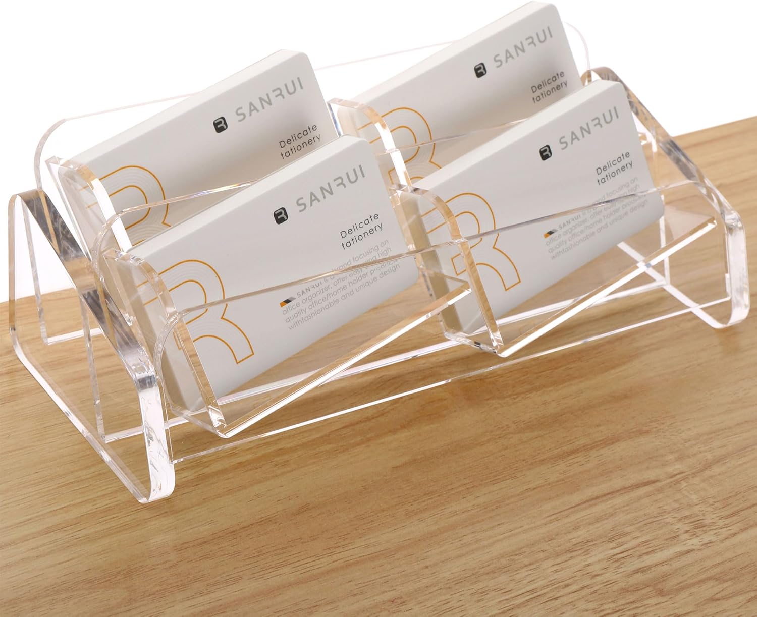 SANRUI Business Card Holder for Desk, Slant Clear Acrylic Desktop Cards Organizer, 2 Tier 4 Slots, Holds 240 Cards