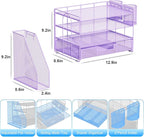 gianotter Desk Organizers and Accessories with File Holder, 4-Tier Desk Accessories & Workspace Organizers with Drawer and 2 Pen Holder, Paper Organizer for Office Supplies (Purple)