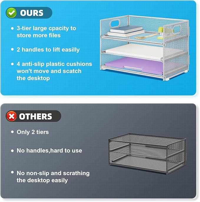 Marbrasse 3 Tier Paper Organizer Letter Tray, Mesh File Organizer with Handle, Paper Sorter Desk Organizer for Home Office Supplies - Silver