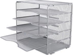 EasyPAG 5-Tier Mesh Desk File Organizer with Metal Frame, Screw-Free Assembly, Space Saving Letter Tray for Office/Home/School - A4 & Letter Size Paper Sorter, Silver