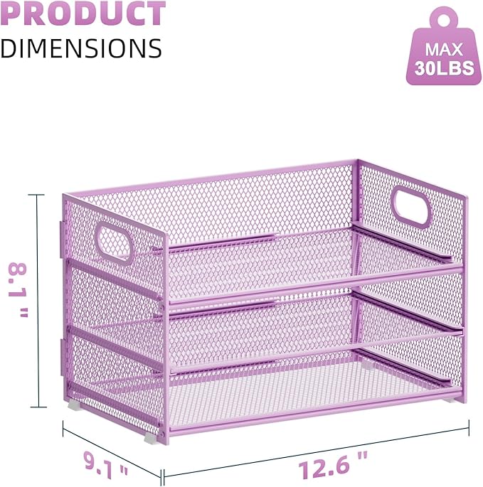 Marbrasse 3 Tier Paper Organizer Letter Tray, Mesh File Organizer with Handle, Paper Sorter Desk Organizer for Home Office Supplies(Purple)