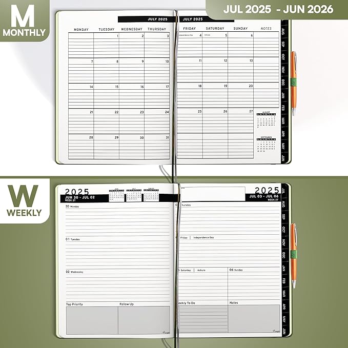 Ensight 2025-2026 HARDCOVER Leather Planner Weekly & Monthly - 8.5x11 Inches - Academic Planner Business Personal or Student - Pen Holder, Thick Paper, July 2025 - June 2026 (Olive Green)