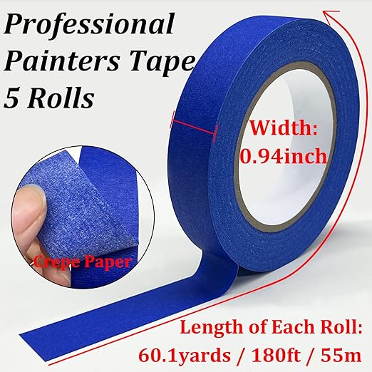 Blue Tape Painters Tape, 5 Rolls Premium General Purpose Masking Tape Painter's Tape (0.94-Inch x 60.1 Yards), Paint Tapes for Walls Painting, DIY Crafts, Arts, Decoration, Removes Easily, No Residue