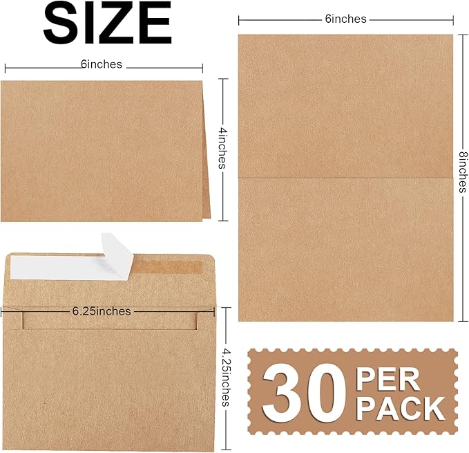 Blank Cards and Envelopes 4x6, 30 Pack Brown Invitation Cardstock with Envelopes, Thank you Blank Greeting Cards and Envelopes, for All Occasions DIY, Print custom (60 Pcs)