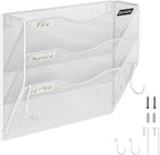 Wall File Organizer, 3 Tire Hanging File Folder Mail Organizer, Vertical Mesh Metal Door/Wall Mount Hanging File Organizer, Paper Document Magazine Rack with Hooks for Home Office White